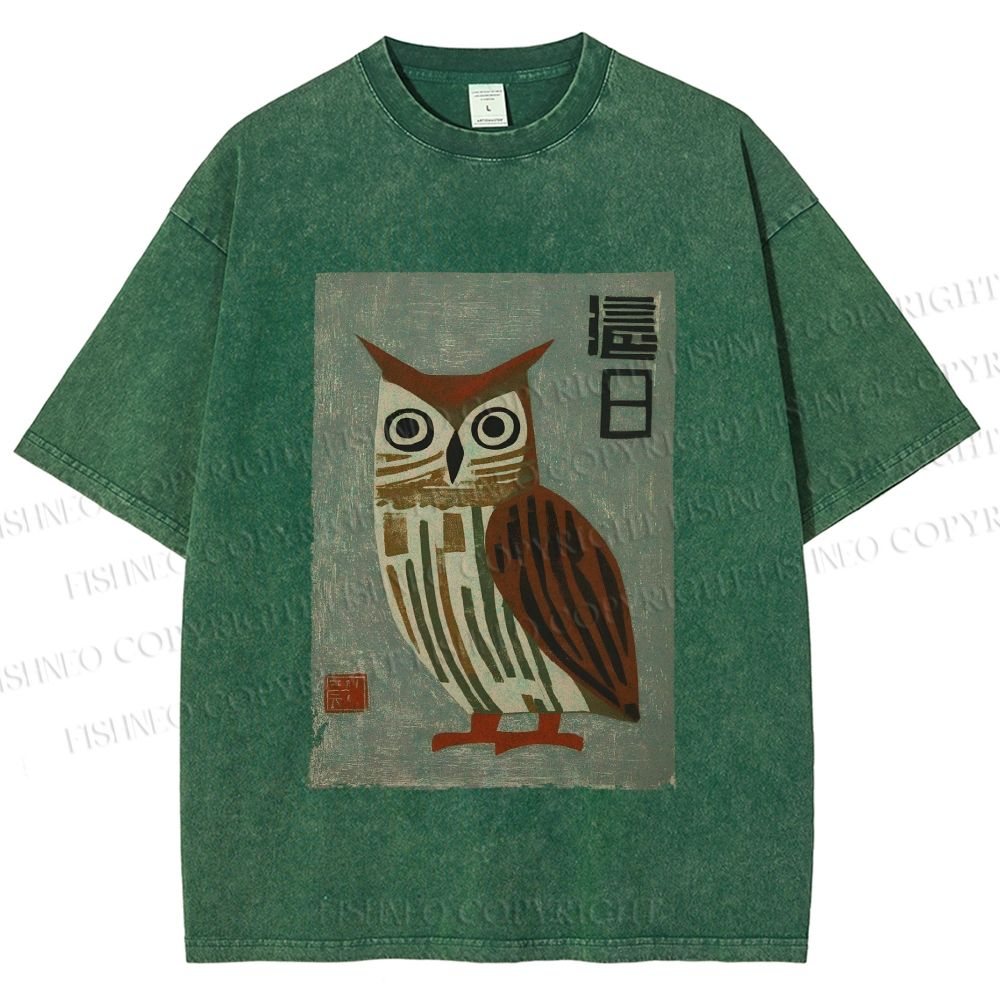 Unisex Vintage Owl Printed Washed Tee