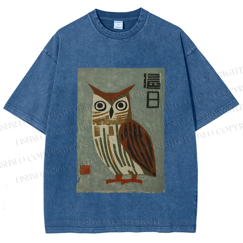 Unisex Vintage Owl Printed Washed Tee