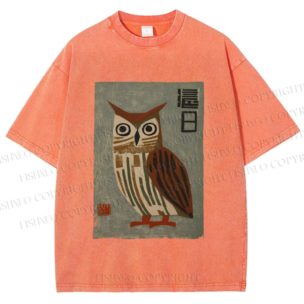 Unisex Vintage Owl Printed Washed Tee
