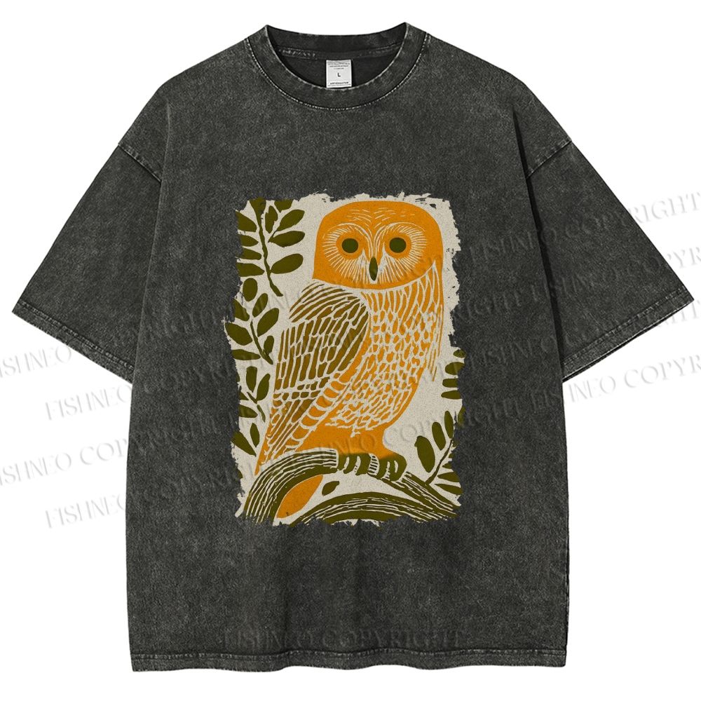 Unisex Vintage Owl on Tree Printed Washed Tee
