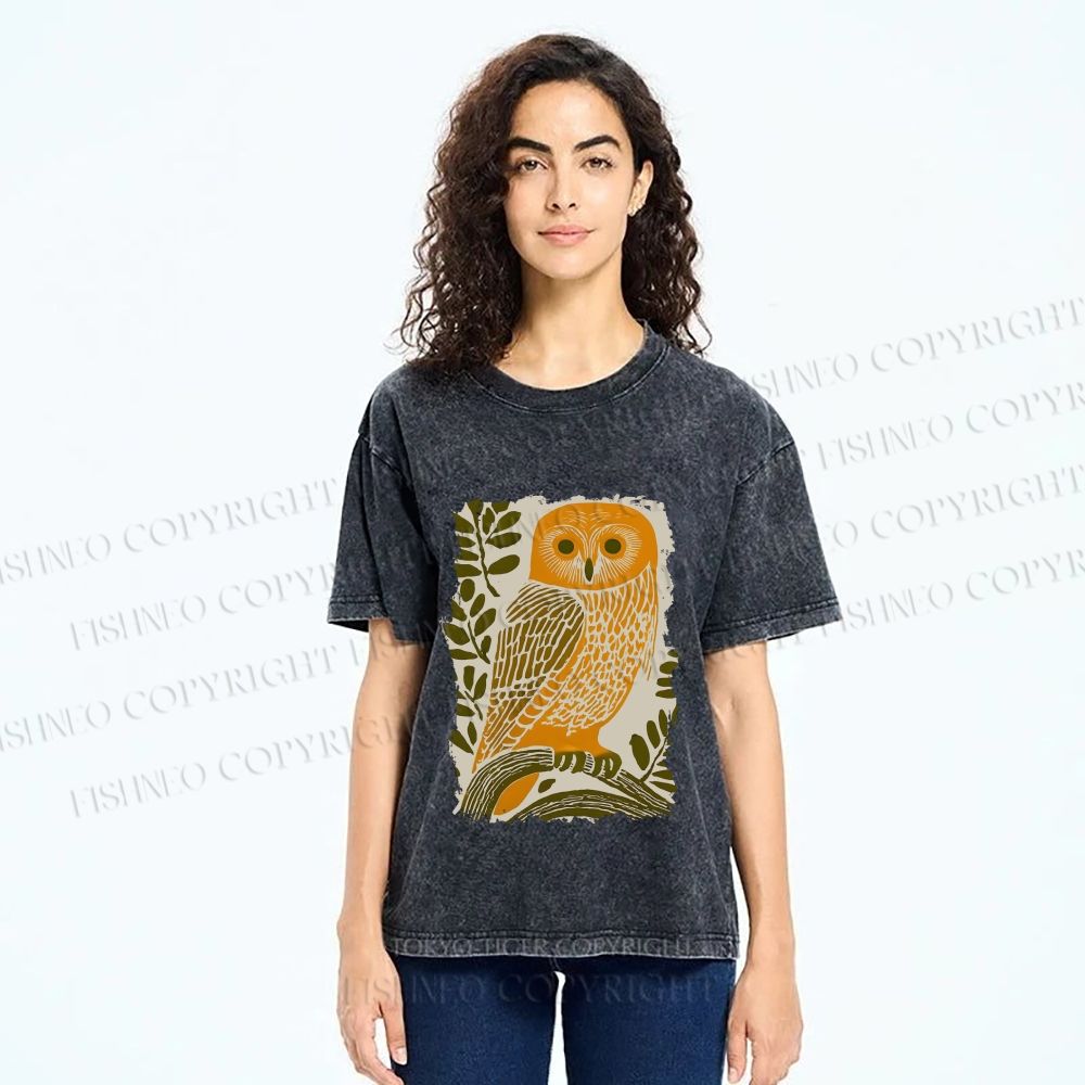 Unisex Vintage Owl on Tree Printed Washed Tee