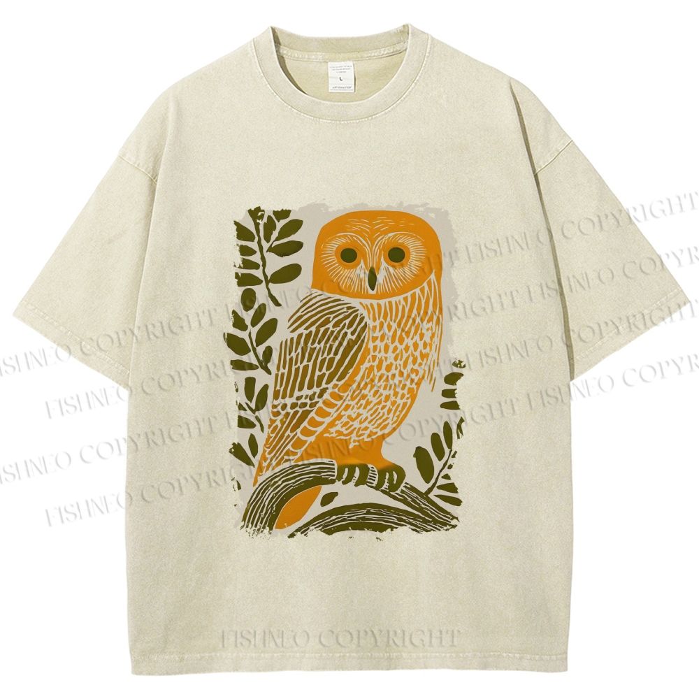 Unisex Vintage Owl on Tree Printed Washed Tee