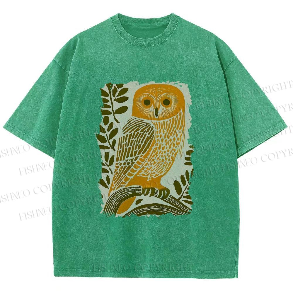 Unisex Vintage Owl on Tree Printed Washed Tee
