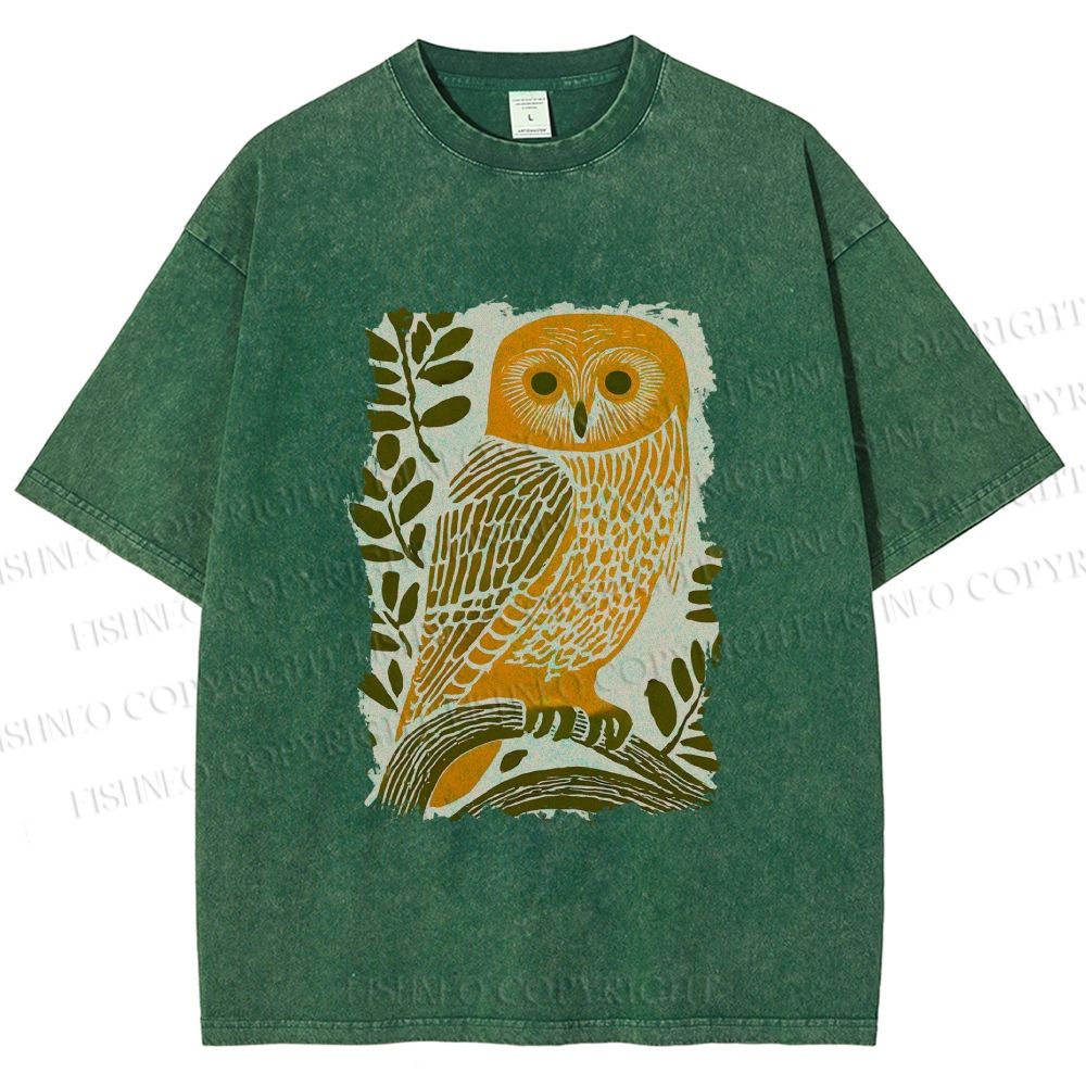 Unisex Vintage Owl on Tree Printed Washed Tee