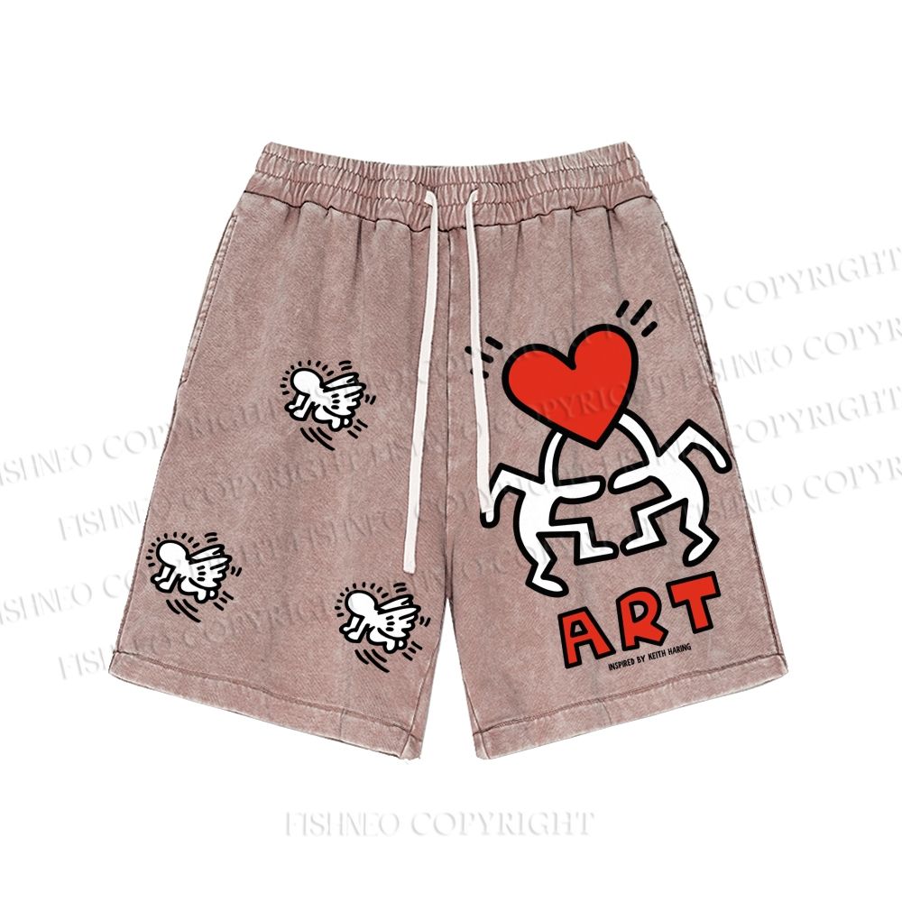 Unisex Keith Haring Graffiti Pattern Washed Shorts
