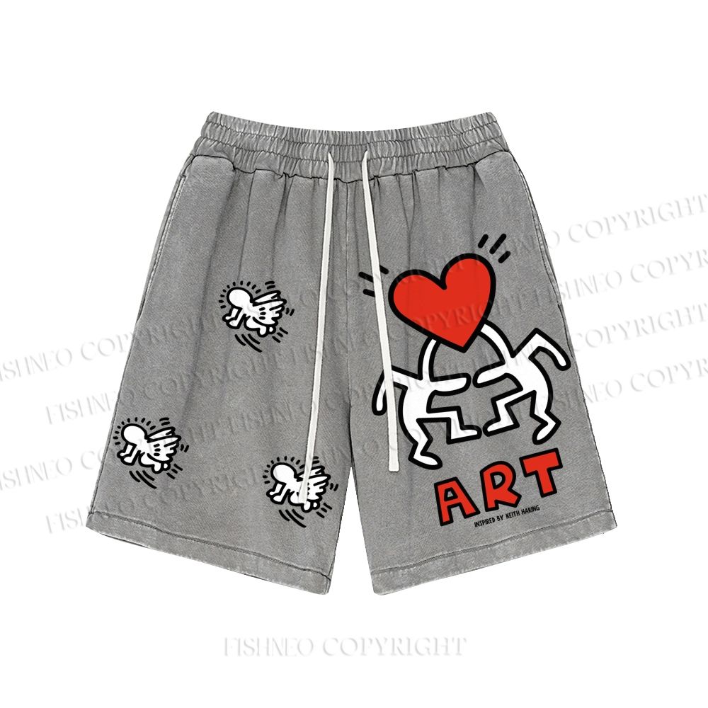 Unisex Keith Haring Graffiti Pattern Washed Shorts
