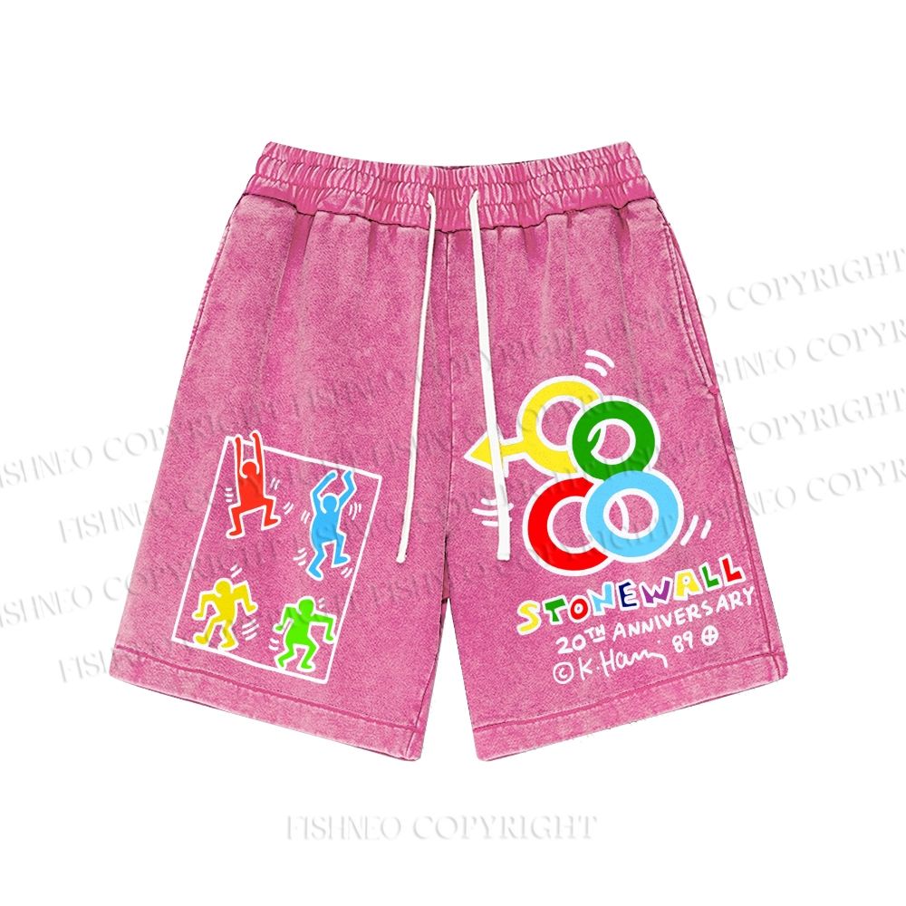 Unisex Keith Haring Graffiti Pattern Washed Shorts