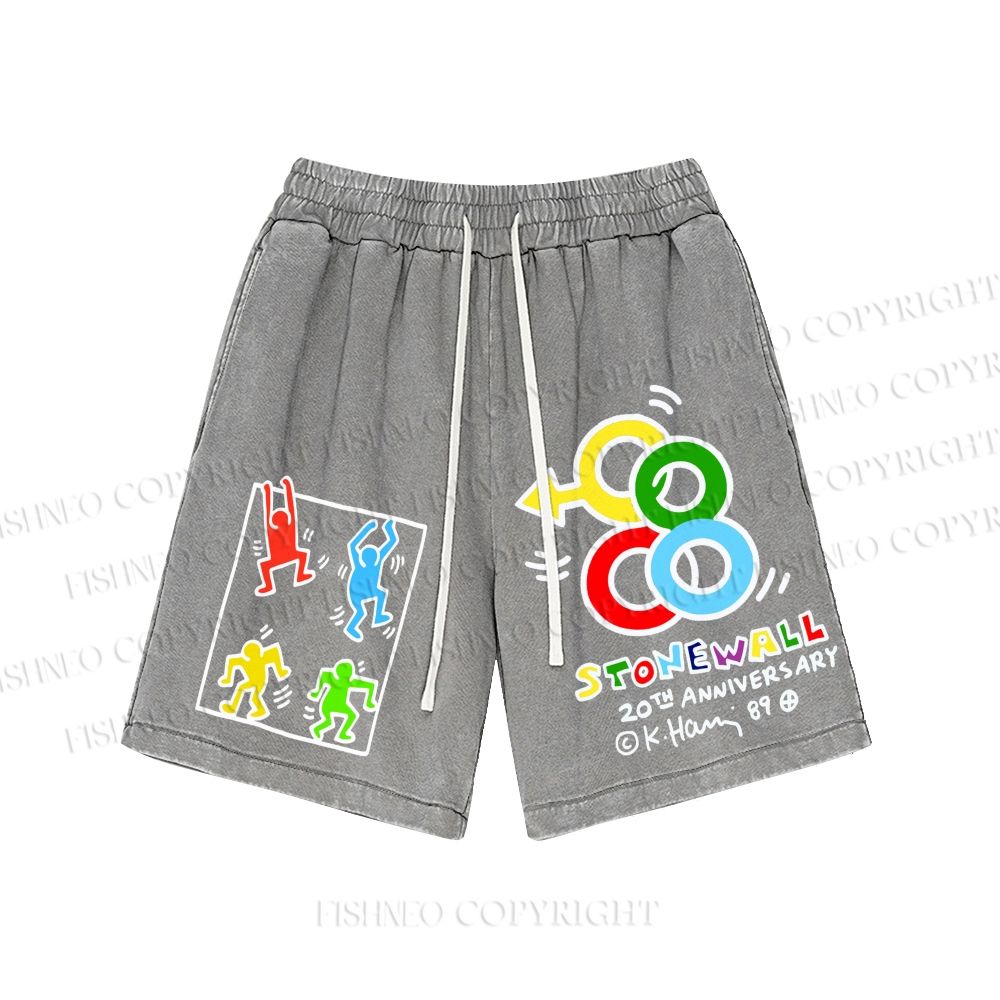 Unisex Keith Haring Graffiti Pattern Washed Shorts