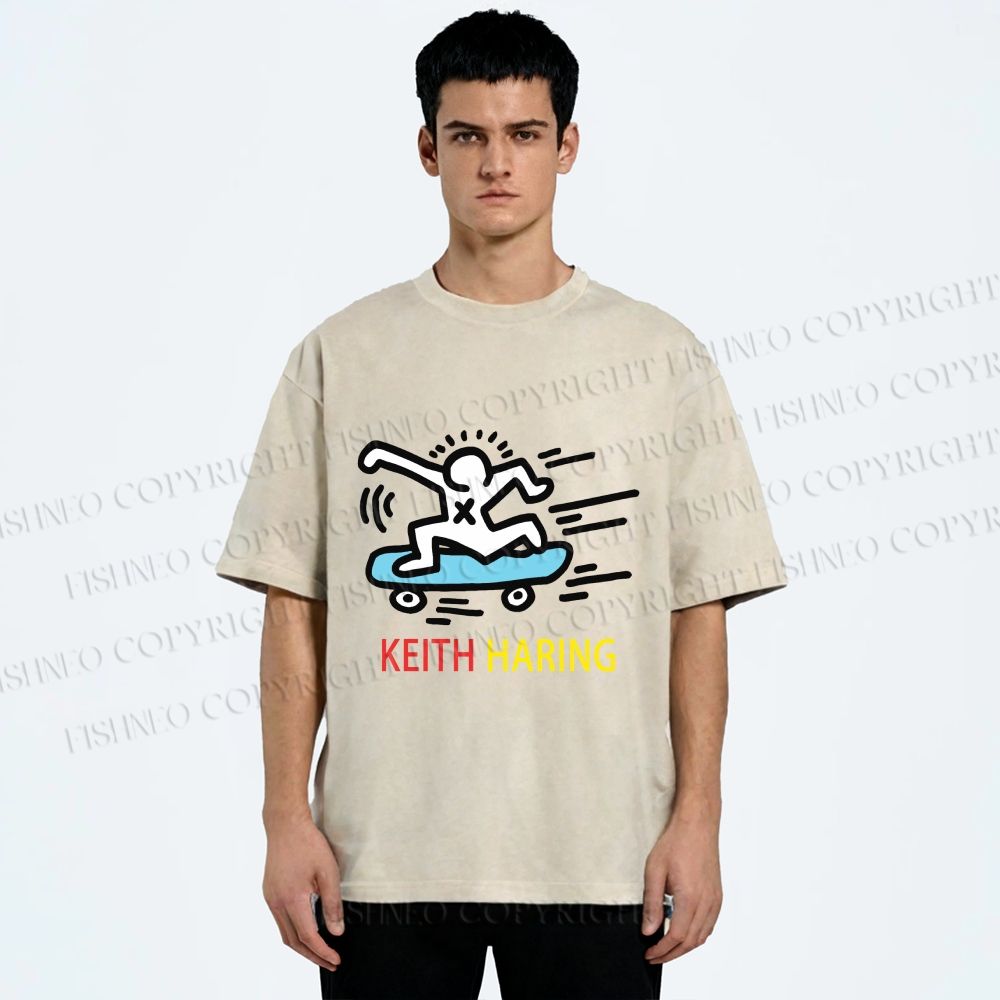 Unisex Keith Haring Skater Printed Washed Tee