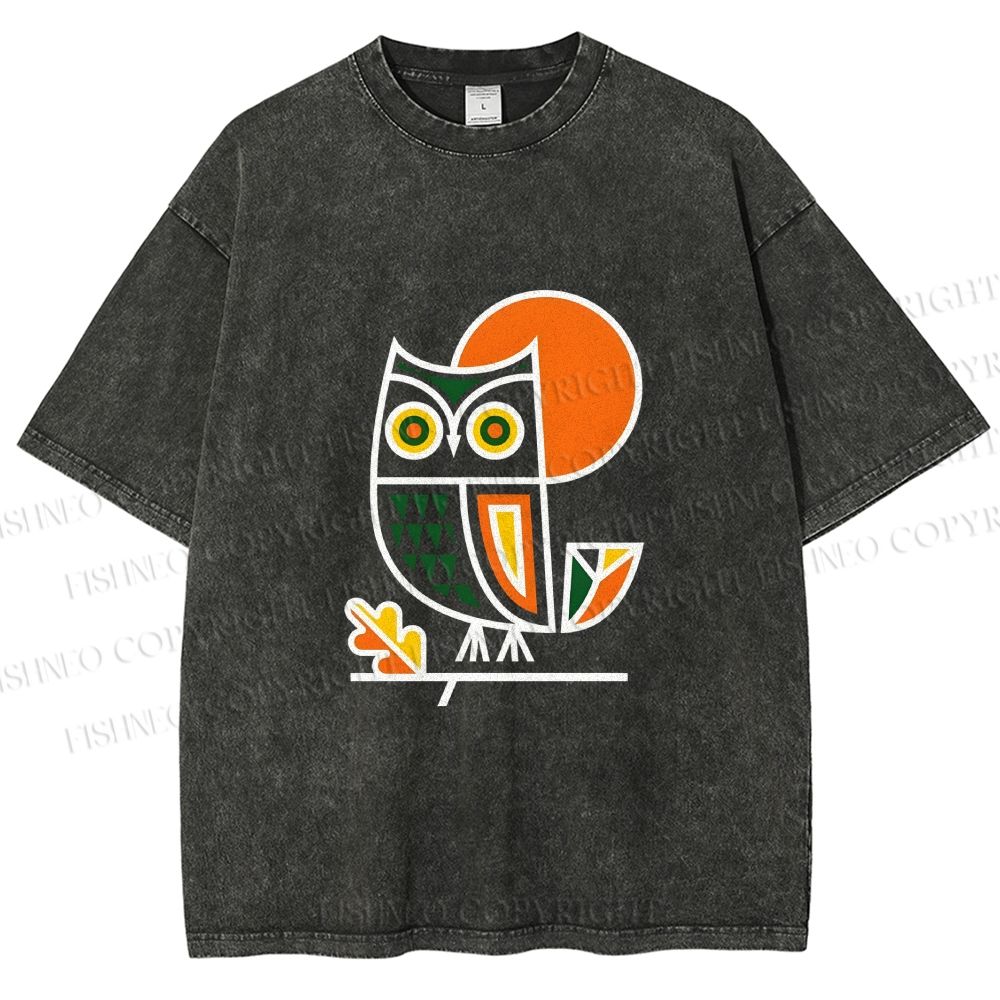 Unisex Geometric Owl Printed Washed Tee