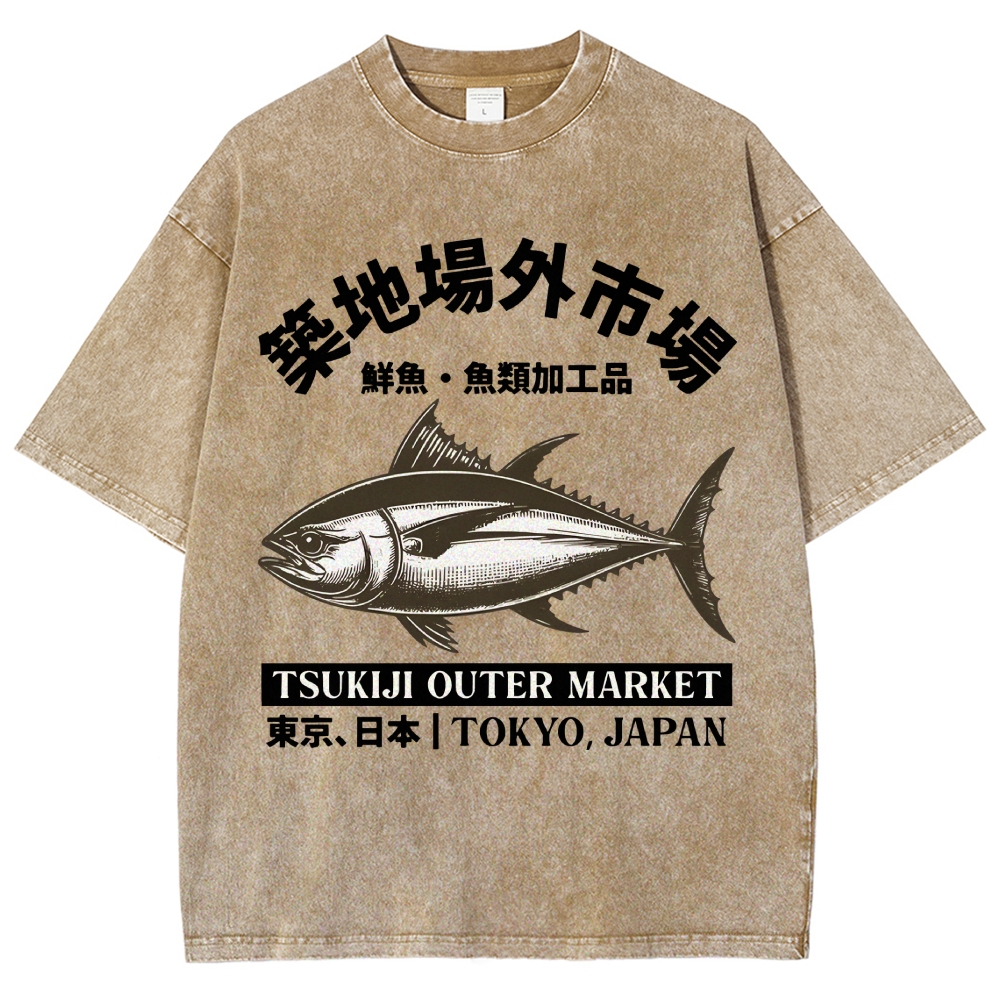 Tsukiji Market Tuna Fish Vintage Wash Japanese Design T-Shirt