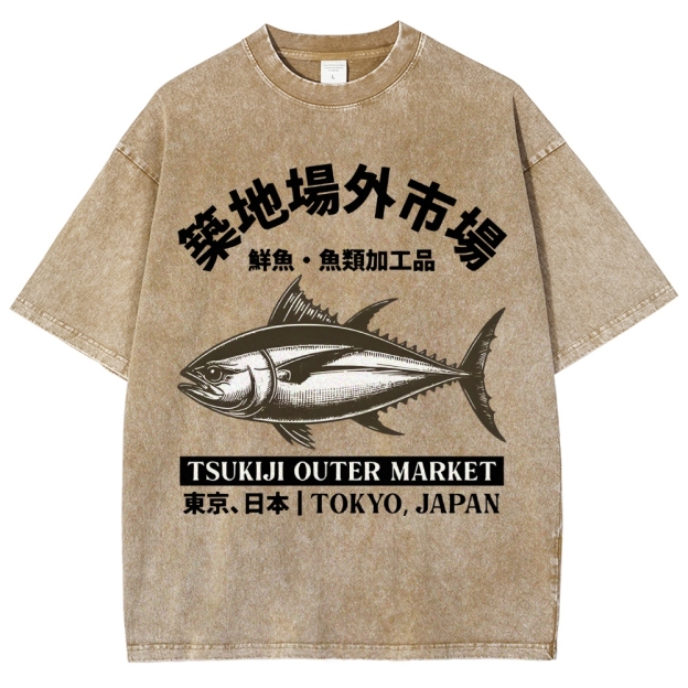 Tsukiji Market Tuna Fish Vintage Wash Japanese Design T-Shirt