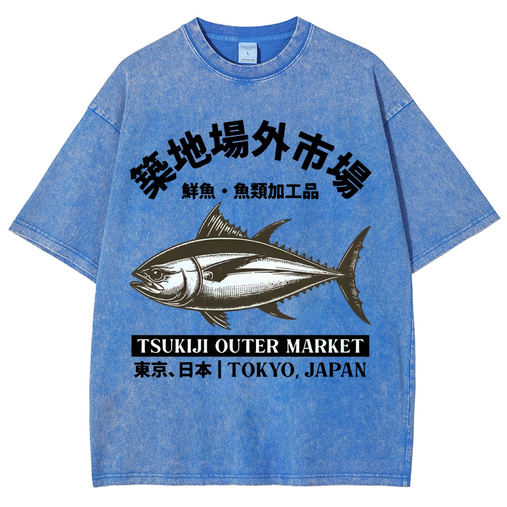 Tsukiji Market Tuna Fish Vintage Wash Japanese Design T-Shirt