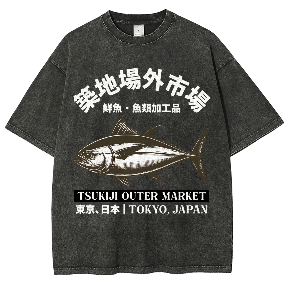 Tsukiji Market Tuna Fish Vintage Wash Japanese Design T-Shirt