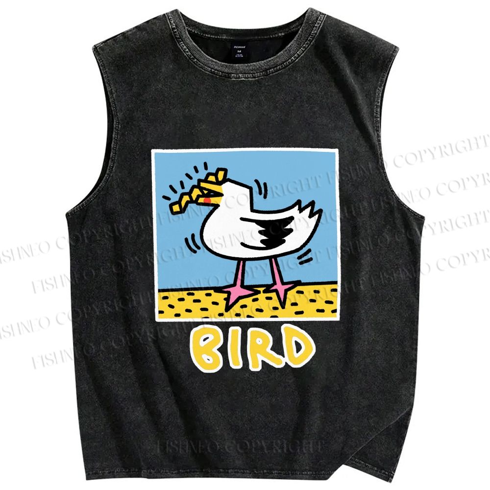 Unisex Keith Haring Style French Fry Seagull Printed Washed Tank Top