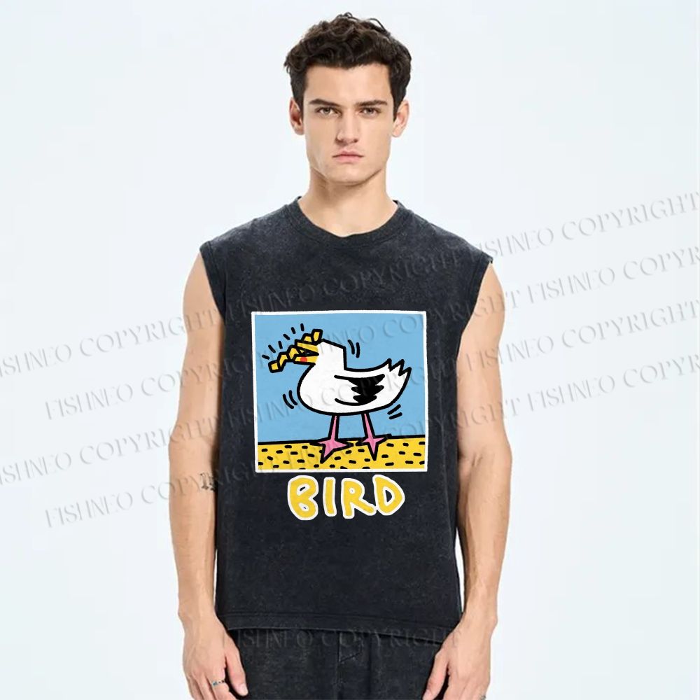 Unisex Keith Haring Style French Fry Seagull Printed Washed Tank Top