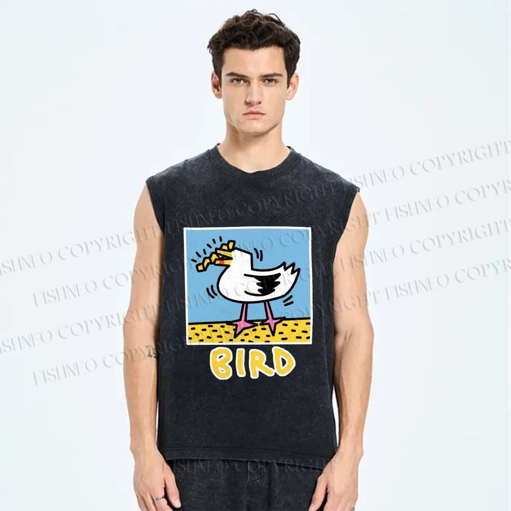 Unisex Keith Haring Style French Fry Seagull Printed Washed Tank Top