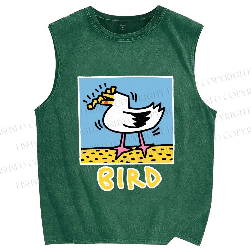 Unisex Keith Haring Style French Fry Seagull Printed Washed Tank Top