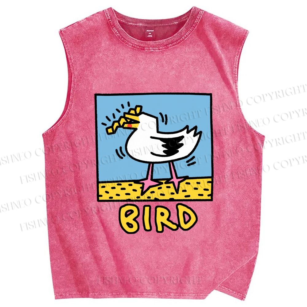 Unisex Keith Haring Style French Fry Seagull Printed Washed Tank Top