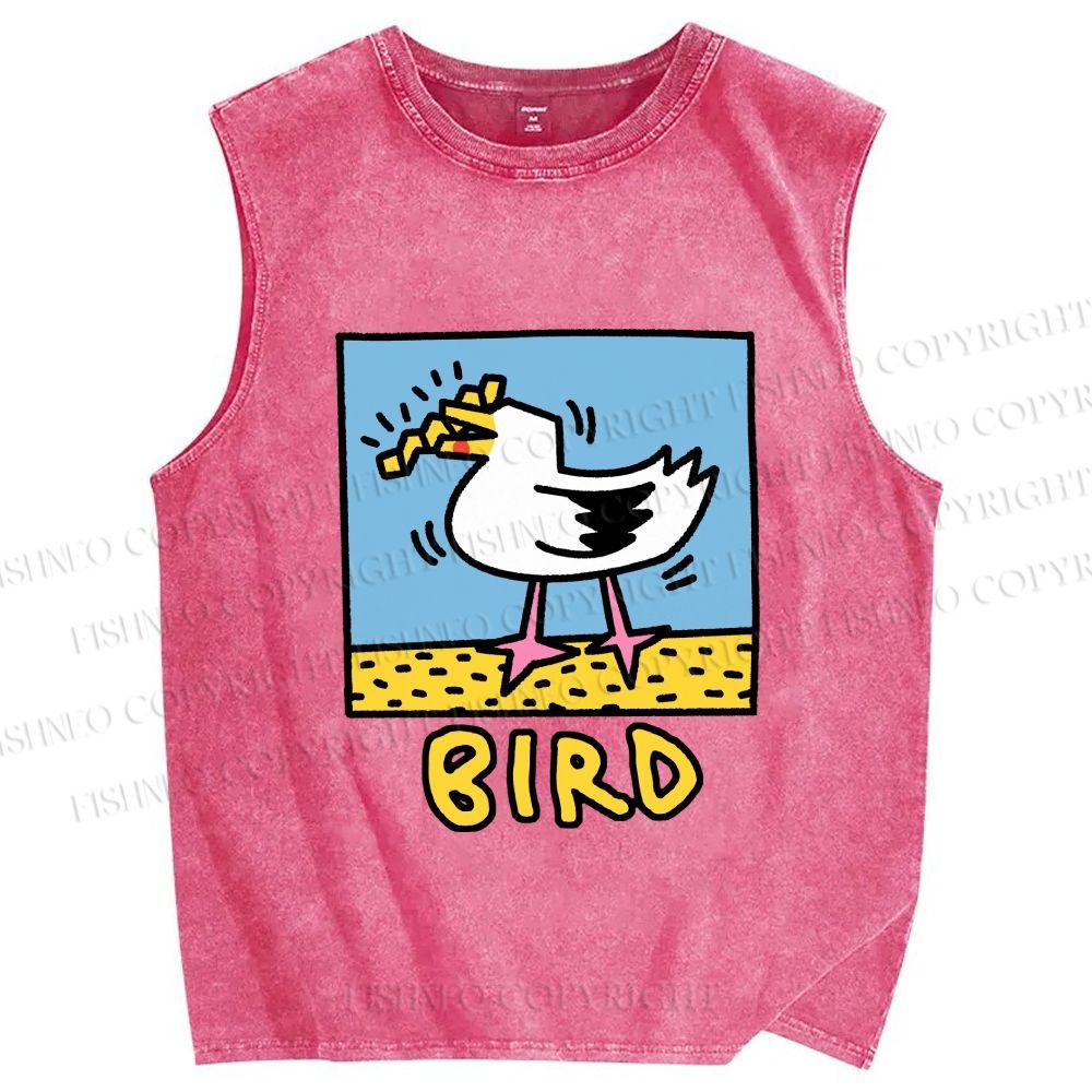 Unisex Keith Haring Style French Fry Seagull Printed Washed Tank Top