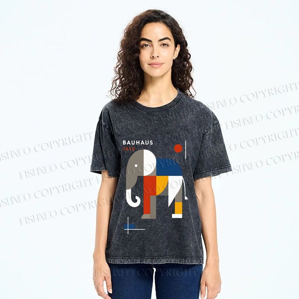 Unisex Bauhaus Elephant Printed Washed Tee