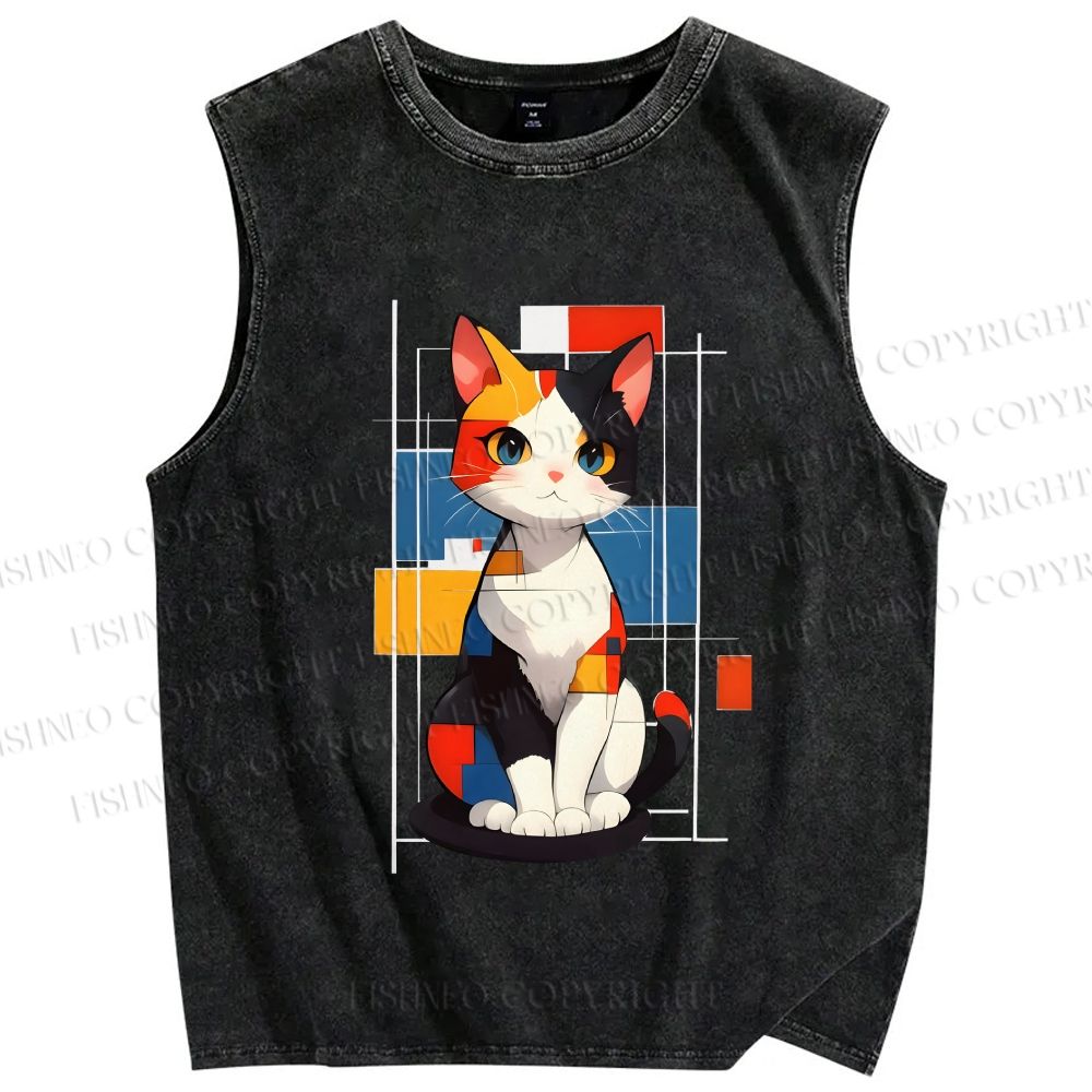 Unisex Mondrian Style Cartoon Cat Printed Washed Tank Top
