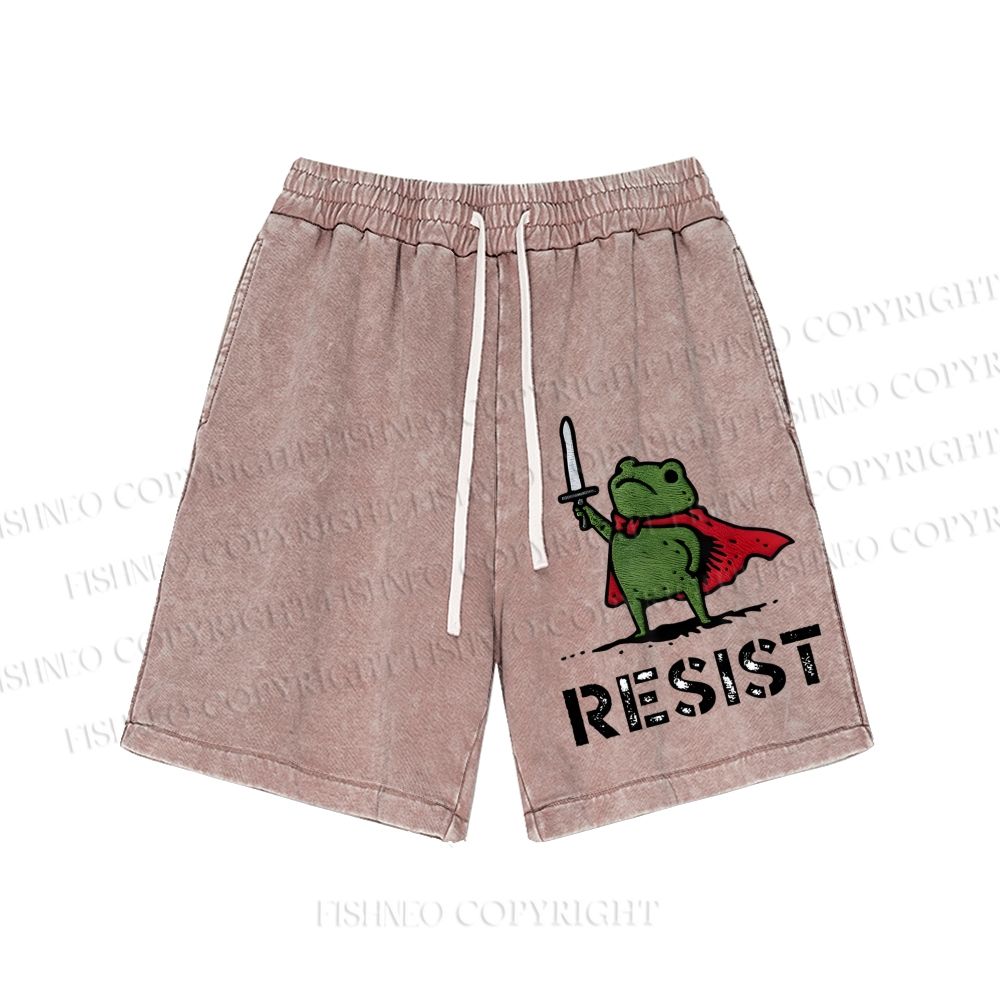 Unisex Resist Frog Printed Washed Shorts