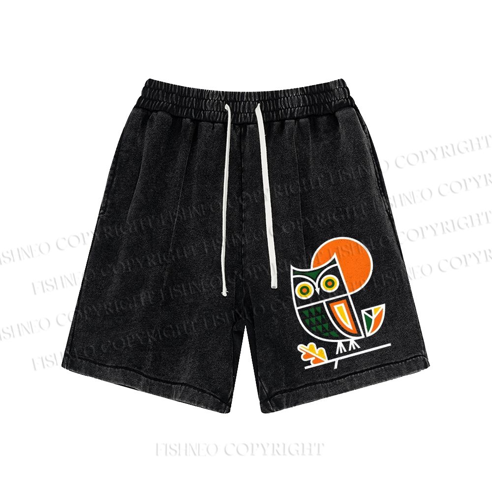 Unisex Geometric Owl Washed Shorts