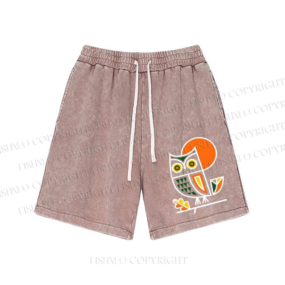 Unisex Geometric Owl Washed Shorts