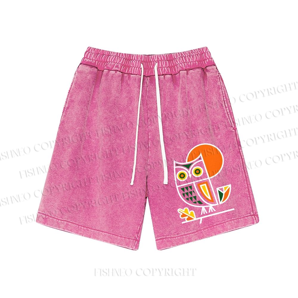 Unisex Geometric Owl Washed Shorts