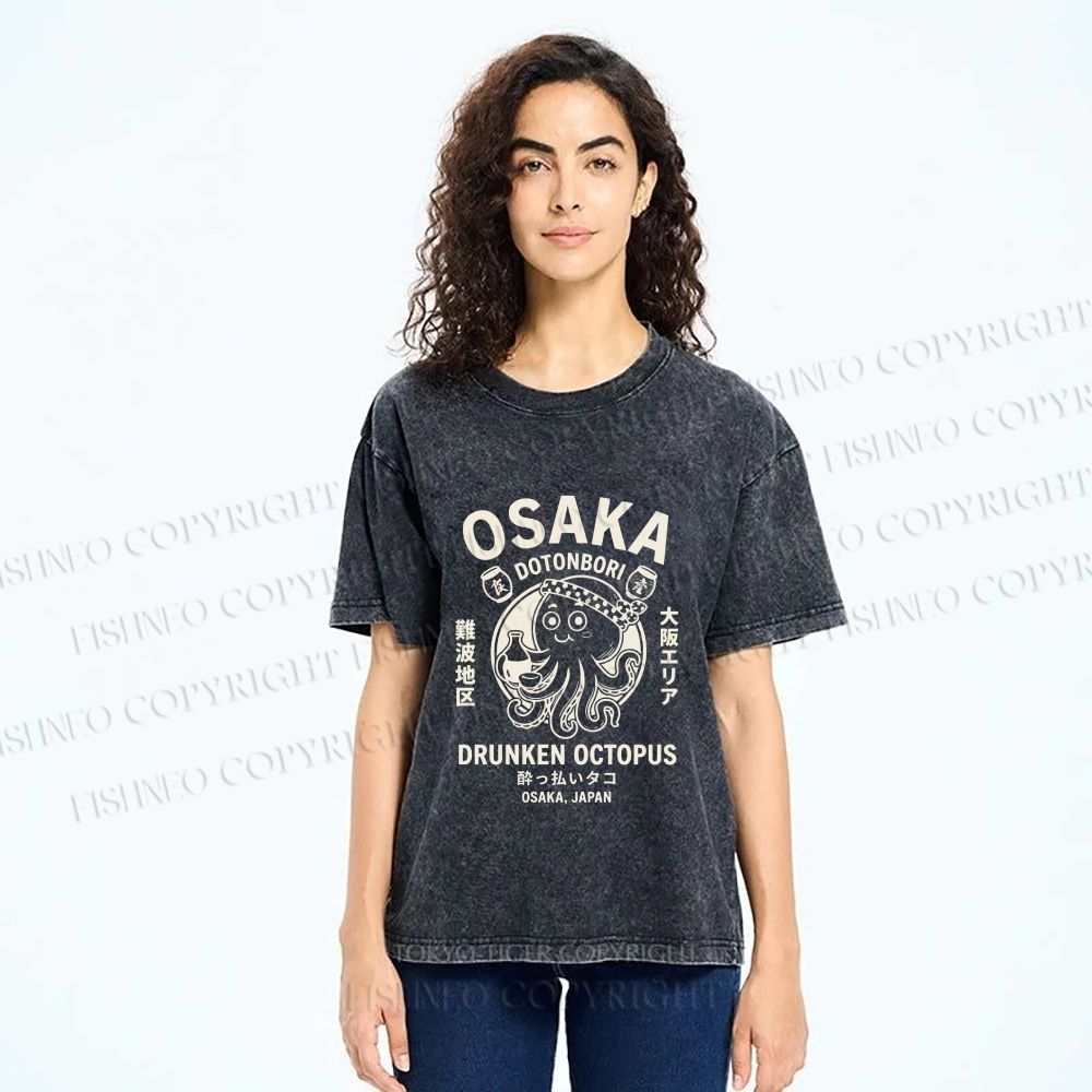 Unisex Osaka Drunken Octopus Printed Washed Tee