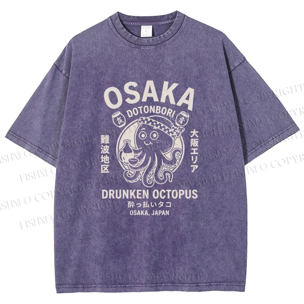 Unisex Osaka Drunken Octopus Printed Washed Tee