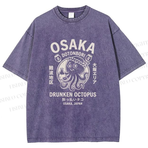 Unisex Osaka Drunken Octopus Printed Washed Tee
