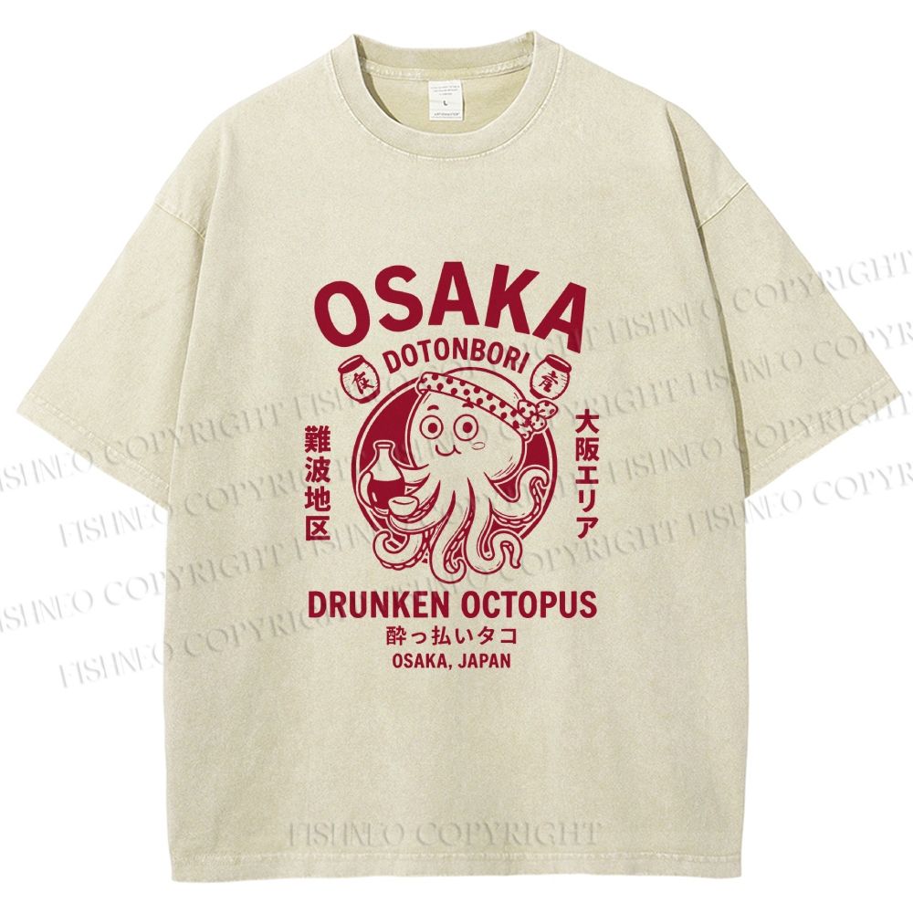 Unisex Osaka Drunken Octopus Printed Washed Tee