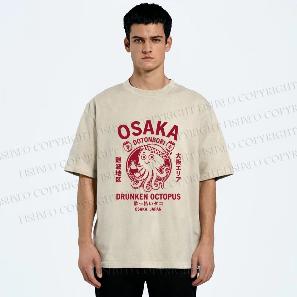 Unisex Osaka Drunken Octopus Printed Washed Tee