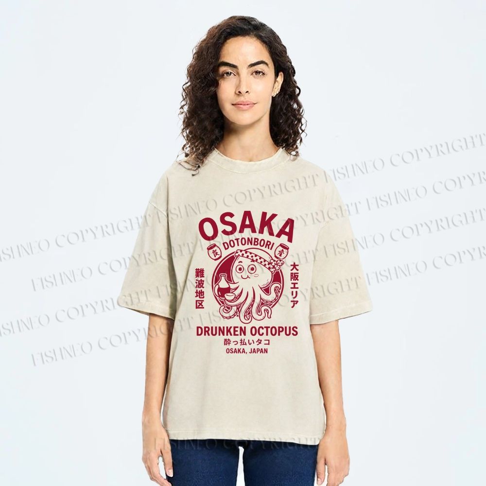 Unisex Osaka Drunken Octopus Printed Washed Tee