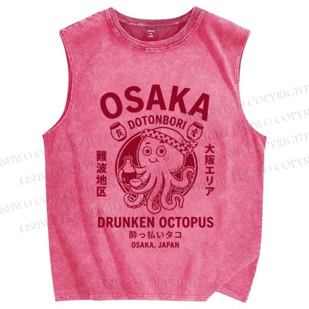 Unisex Osaka Drunken Octopus Printed Washed Tank Top