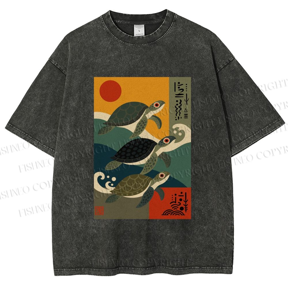 Unisex Sunrise Sea TurtlesPrinted Washed Tee