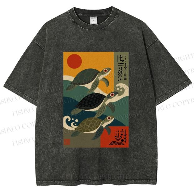 Unisex Sunrise Sea TurtlesPrinted Washed Tee