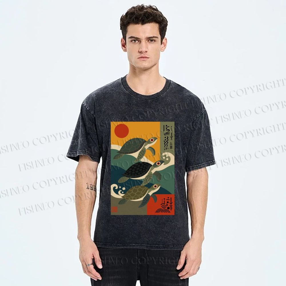 Unisex Sunrise Sea TurtlesPrinted Washed Tee