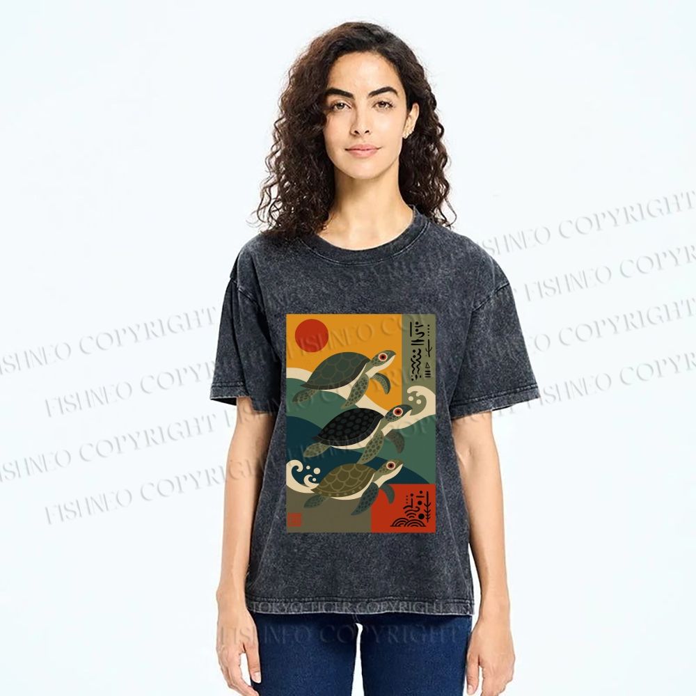 Unisex Sunrise Sea TurtlesPrinted Washed Tee