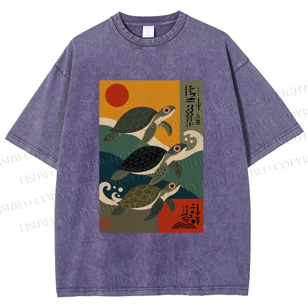 Unisex Sunrise Sea TurtlesPrinted Washed Tee