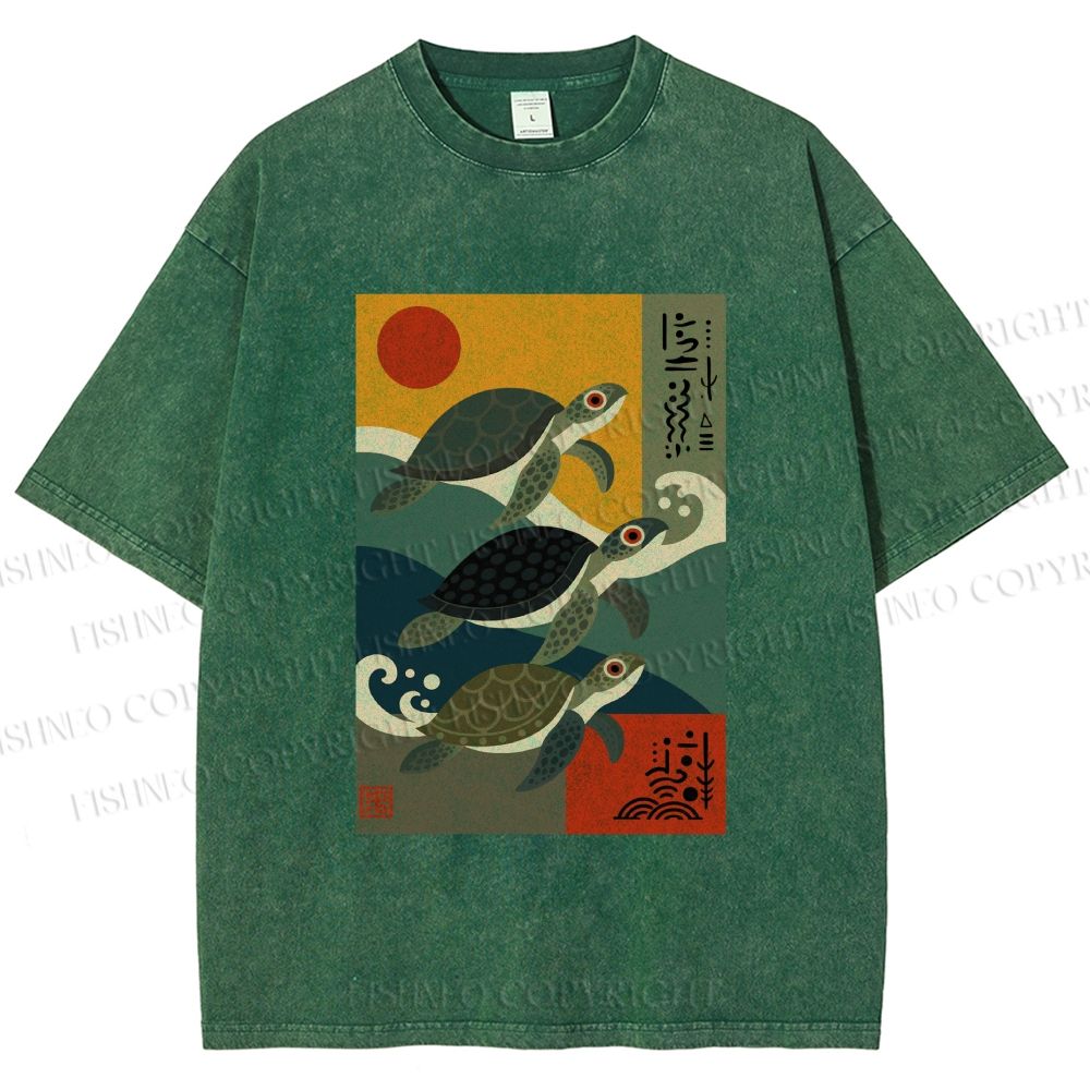 Unisex Sunrise Sea TurtlesPrinted Washed Tee