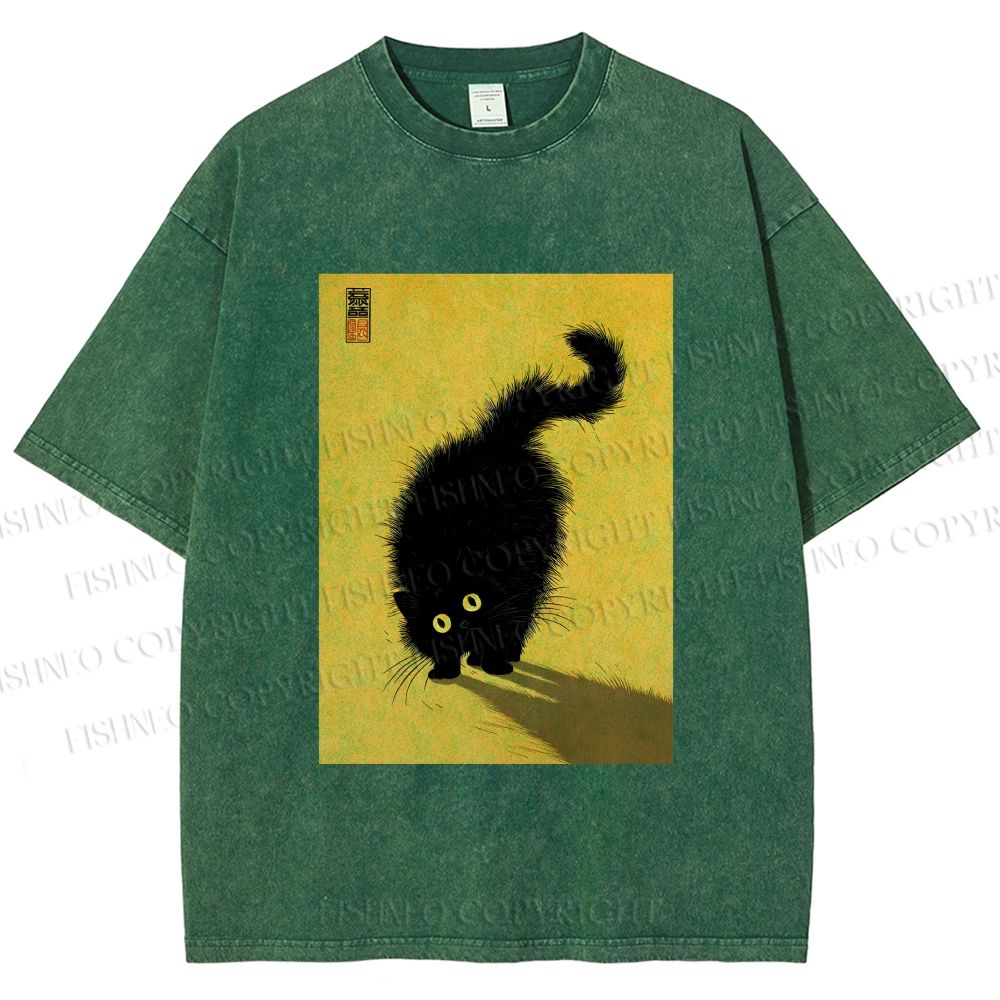 Unisex Fluffy Black Cat Printed Washed Tee – Fishneo