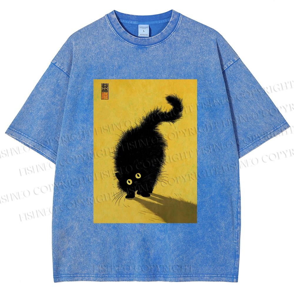 Unisex Fluffy Black Cat Printed Washed Tee – Fishneo