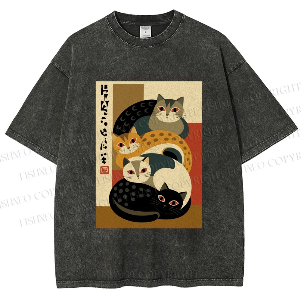 Unisex Stacked Japanese Cats Printed Washed Tee