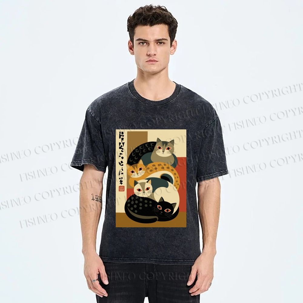 Unisex Stacked Japanese Cats Printed Washed Tee