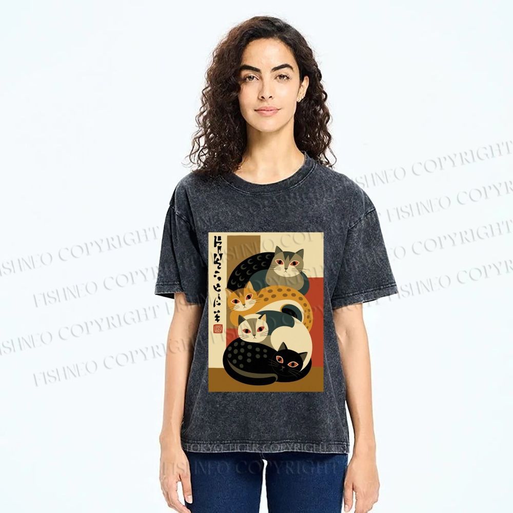 Unisex Stacked Japanese Cats Printed Washed Tee