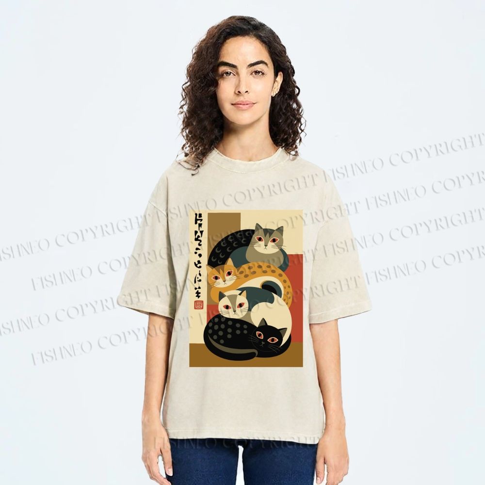 Unisex Stacked Japanese Cats Printed Washed Tee