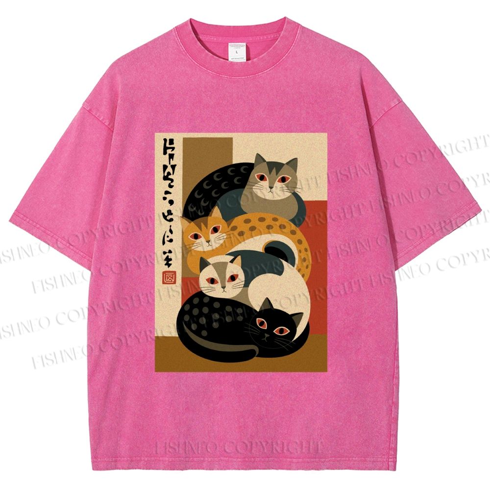 Unisex Stacked Japanese Cats Printed Washed Tee